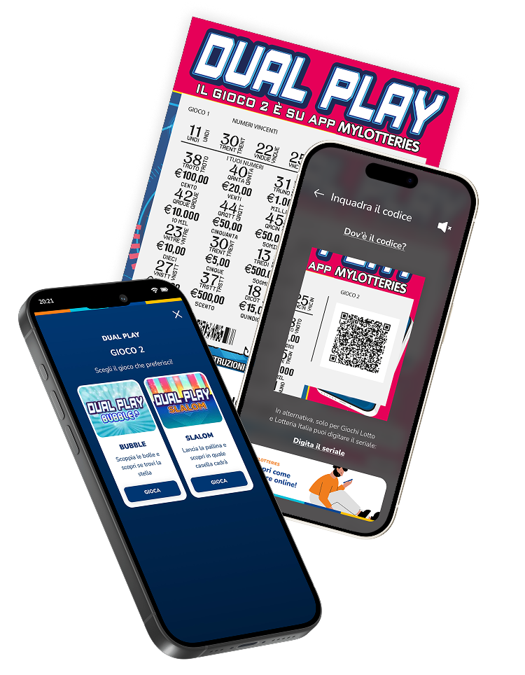 Biglietto Dual Play e schermate dell’app MyLotteries per il Gioco 2