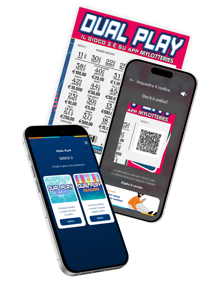 Biglietto Dual Play e schermate dell’app MyLotteries per il Gioco 2